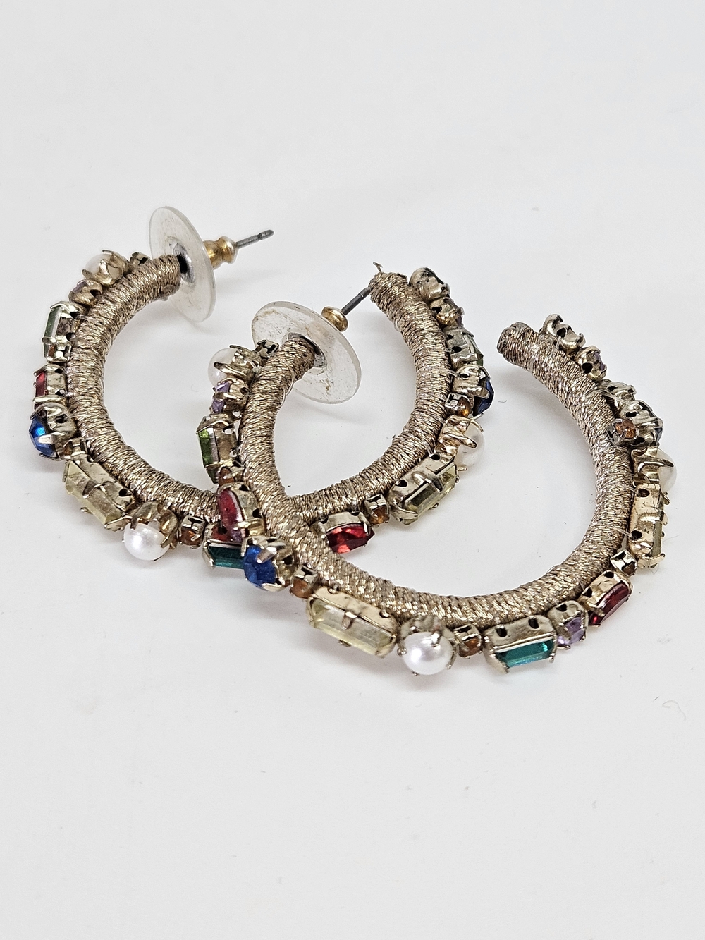 Gold Tone Wrapped Multicolor Rhinestone Hoop Earrings Pierced